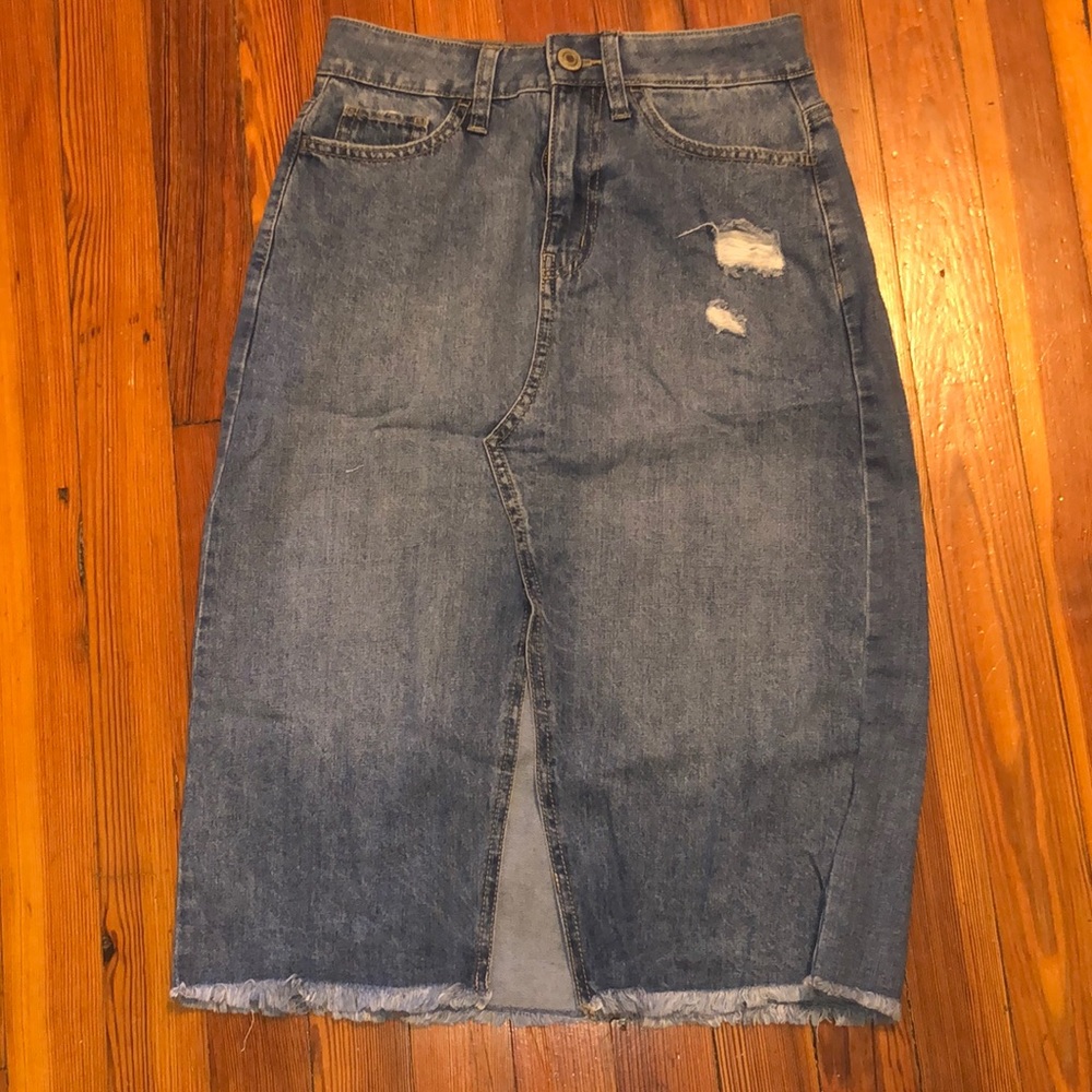 Midi distressed denim skirt